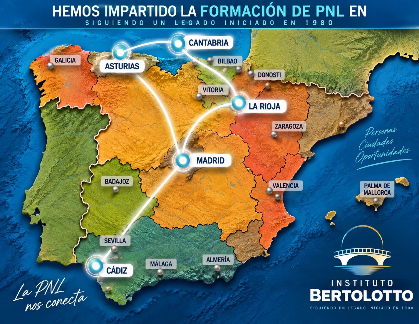 Mapa de España con las ciudades donde se ha impartido la formación de PNL